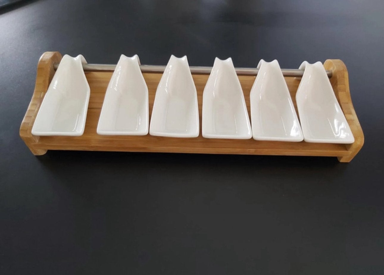 Plateau apéritif en bambou avec 6 verrines en porcelaine, Enlèvement, Comme neuf