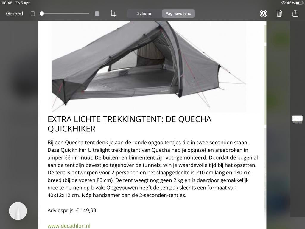 Quechua Quick Hiker ultra light voor 2 personen, Ophalen, Zo goed als nieuw