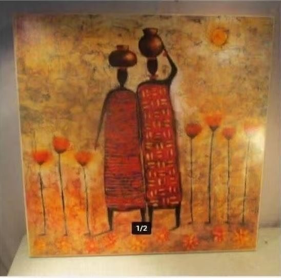 Mooi Afrikaanse Artprint - Vrouwen met potten' - 70x70, Ophalen of Verzenden, Zo goed als nieuw, Print, Oorspronkelijke maker