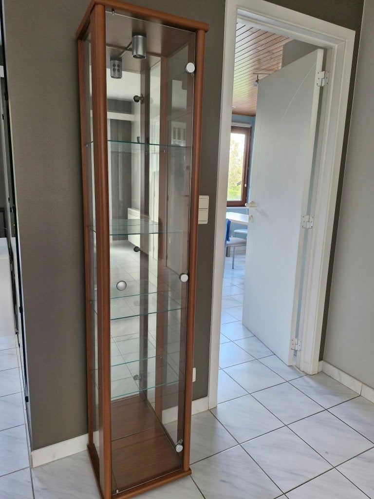 Vitrine d'exposition en verre et bois – avec éclairage, Maison & Meubles, 25 à 50 cm, Avec porte(s), Comme neuf, Verre