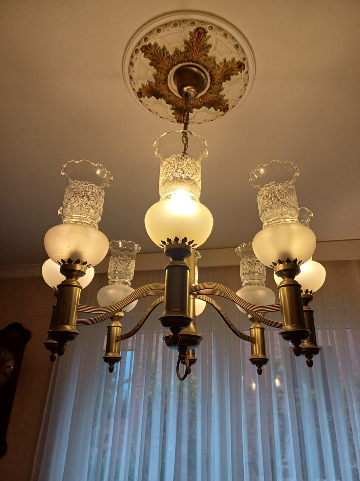 Tinnen luster met 8 lampen, Overige materialen, Gebruikt, Overige fittingen, Antiek