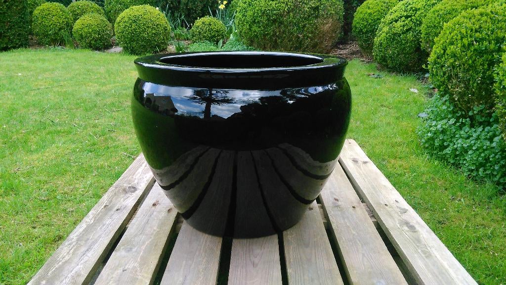 Grote bloempot zwart keramiek cachepot Ø 49 cm, Ophalen, Zo goed als nieuw, Balkon