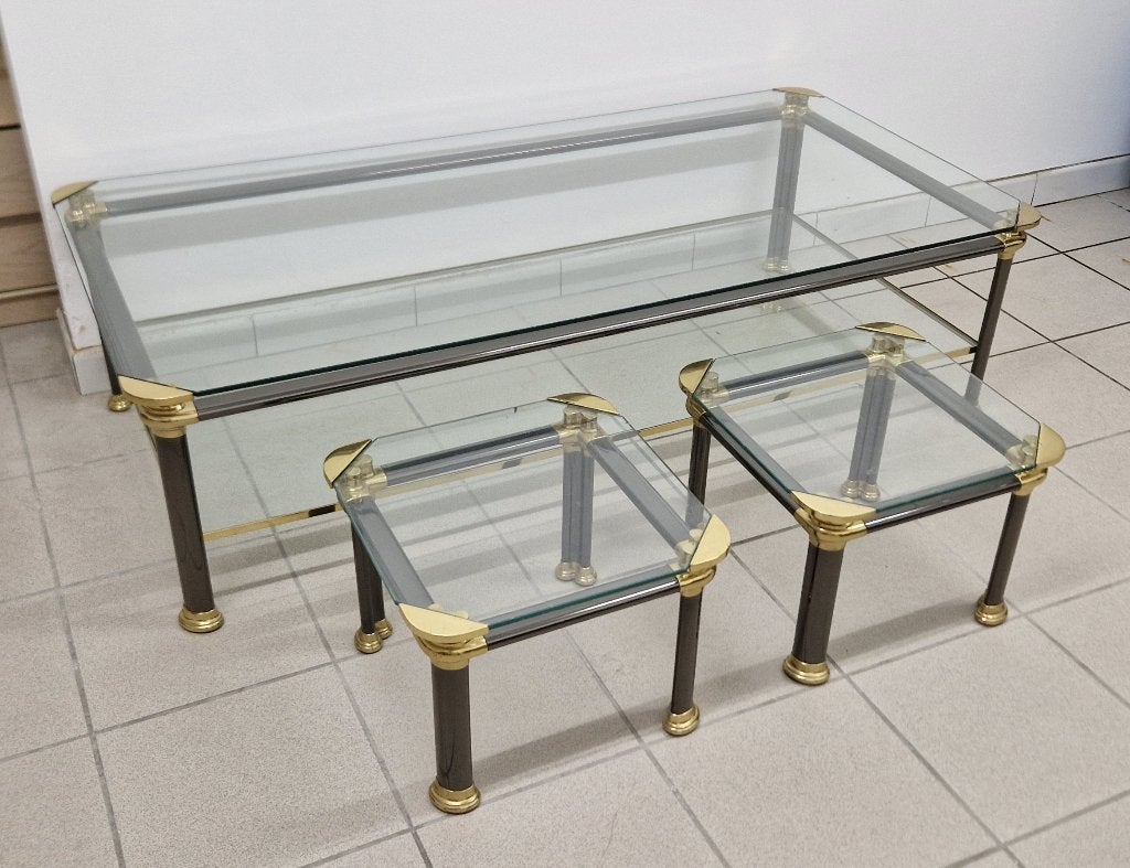 Retro/Vintage Tables en verre + chariot + étagère dorée, Enlèvement, Utilisé, Verre