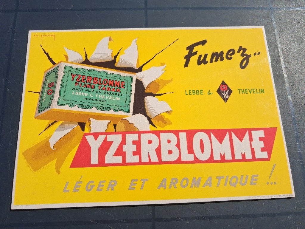 tabac, fleur de fer, poperinge. timbre fiscal 2F. Année 1958, Enlèvement ou Envoi, Comme neuf, Panneau publicitaire
