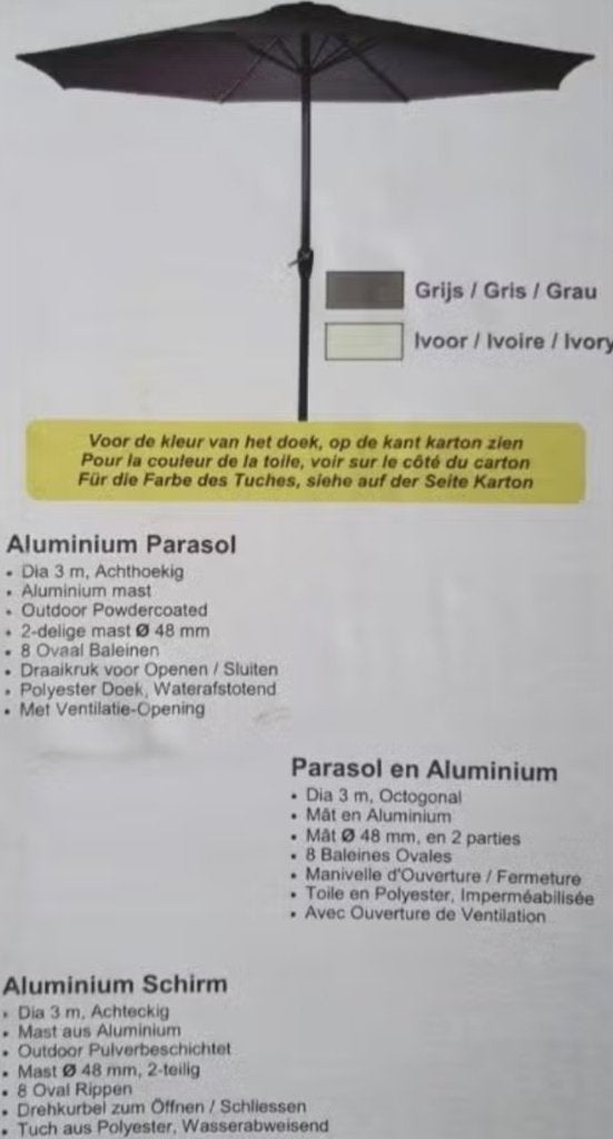 Tuinparasol Aluminium 2 Delig met Draaikruk (4 Stuks) Nieuw, Tuin en Terras, Parasols, Ophalen of Verzenden, Nieuw, Overige typen