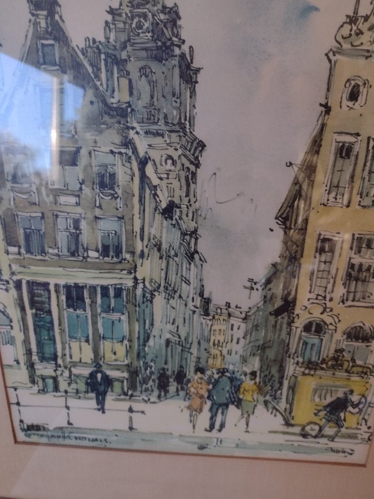 Korthals denk een aquarel stad gezicht, Antiek en Kunst, Achter glas, Ophalen of Verzenden, Stads- / dorpsgezicht, Klassiek