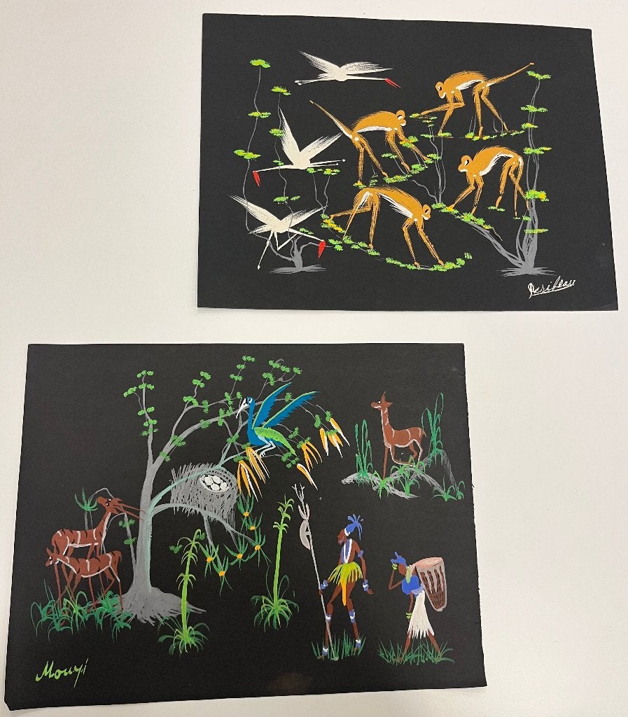 Set handgeschilderde Afrikaanse wand met dieren en vogels, Antiek en Kunst, Verzenden