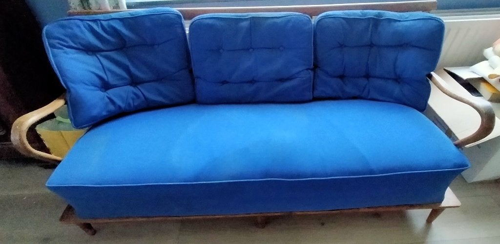 GRATIS – vintage 3-zits zetel met houten frame – opknapper, Ophalen, Gebruikt, Hout
