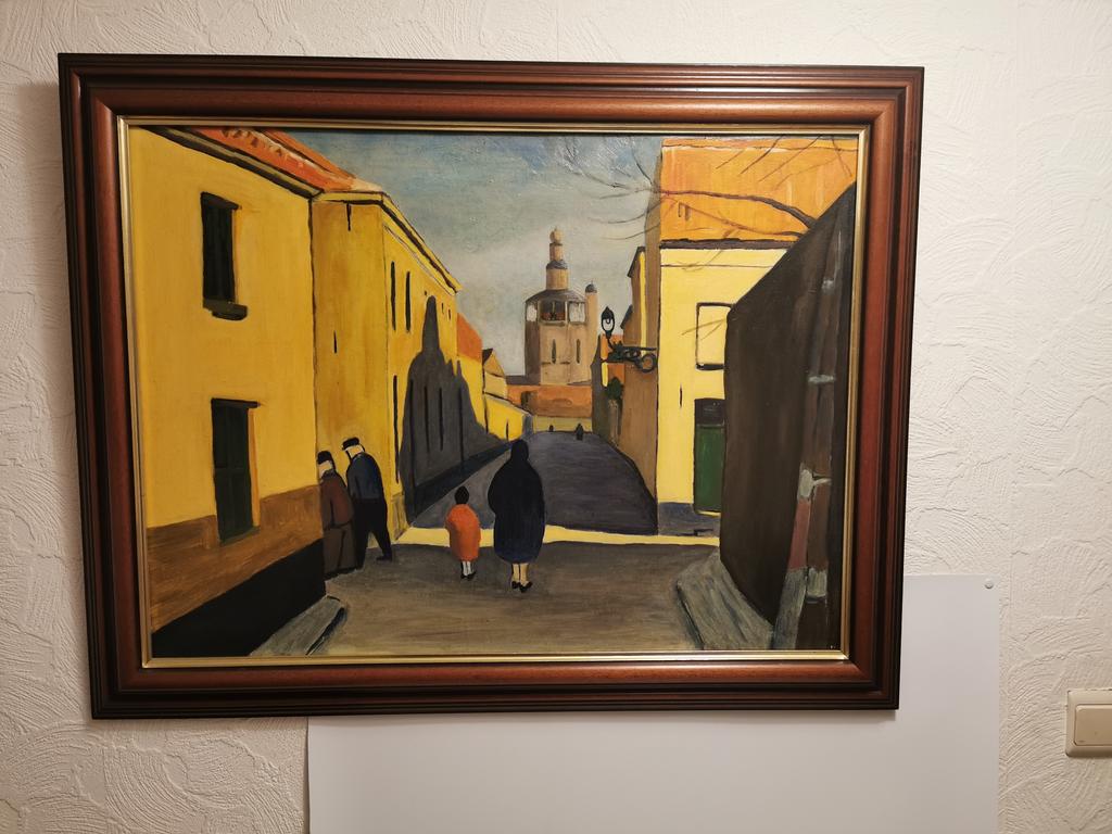 Schilderij ‘het dorp’ olie op doek ingekaderd, Ophalen of Verzenden