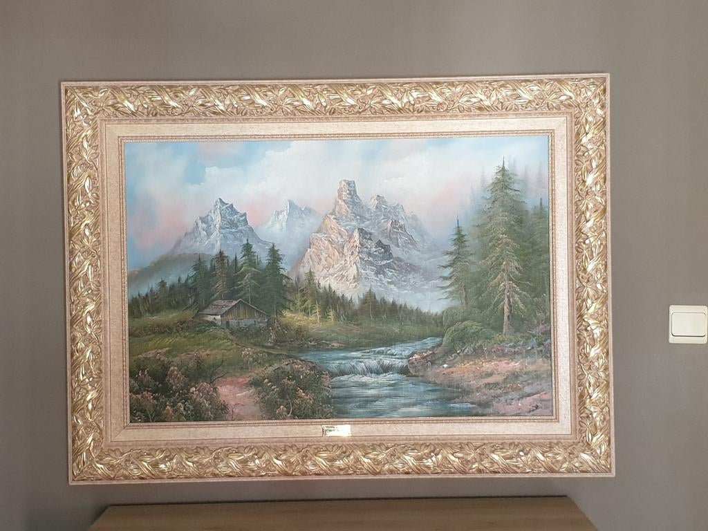 Groot schilderij met berglandschap
Schilder Irene Cafieri, Antiek en Kunst, Ophalen