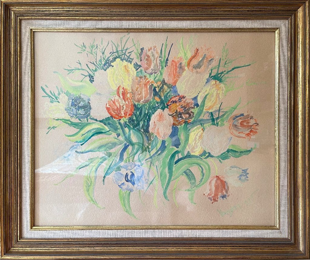 Stilleven met tulpen, Antiquités & Art, Gouache, Enlèvement, Nature morte, Encadré