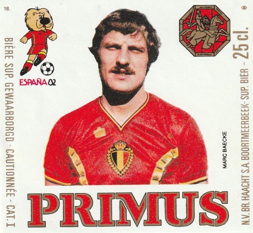 bieretiket Haacht Primus Espana '82 : Marc Baecke nr 18, Verzamelen, Verzenden, Zo goed als nieuw, Overige typen, Overige merken