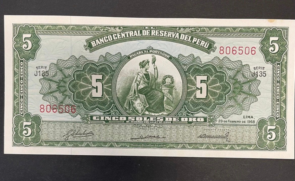 Billet 5 soles de oro Peru 1968 presque neuf, Enlèvement ou Envoi, Amérique du Sud, Billets en vrac