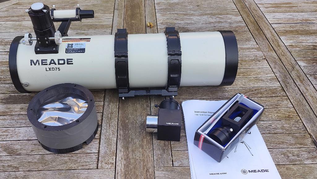 MEADE LXD75 telescoop., Audio, Tv en Foto, Optische apparatuur | Telescopen, Gebruikt, Spiegeltelescoop (reflector), 80 tot 200 mm