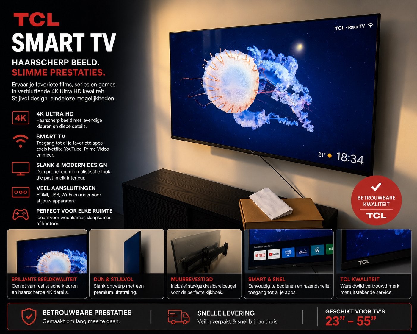 Tv tcl + tv beugel, Ophalen, Zo goed als nieuw