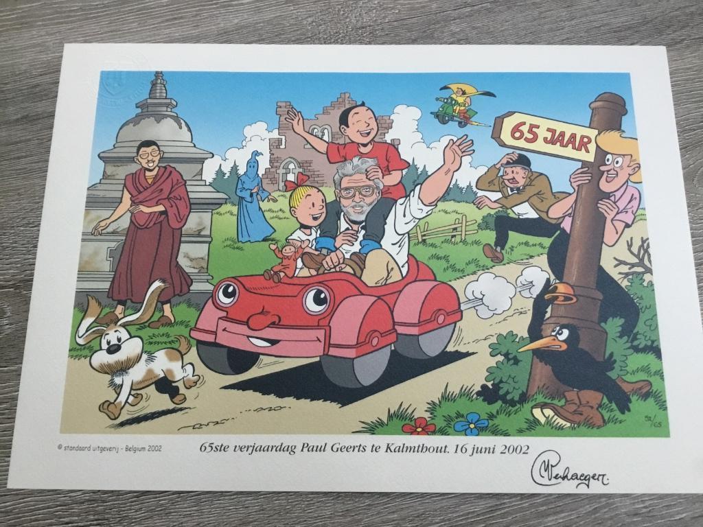 Prent Suske en Wiske - 65e verjaardag Paul Geerts, Collections, Personnages de BD, Image, Affiche ou Autocollant, Bob et Bobette