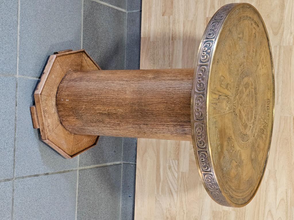 Antieke art deco tafel bijzettafel hout met koperen blad ron, Ophalen, Rond, Hout