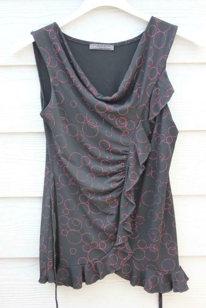 Top noir +strass rouges avec froufrous (XS), Sans manches, Enlèvement ou Envoi, Taille 34 (XS) ou plus petite, Porté