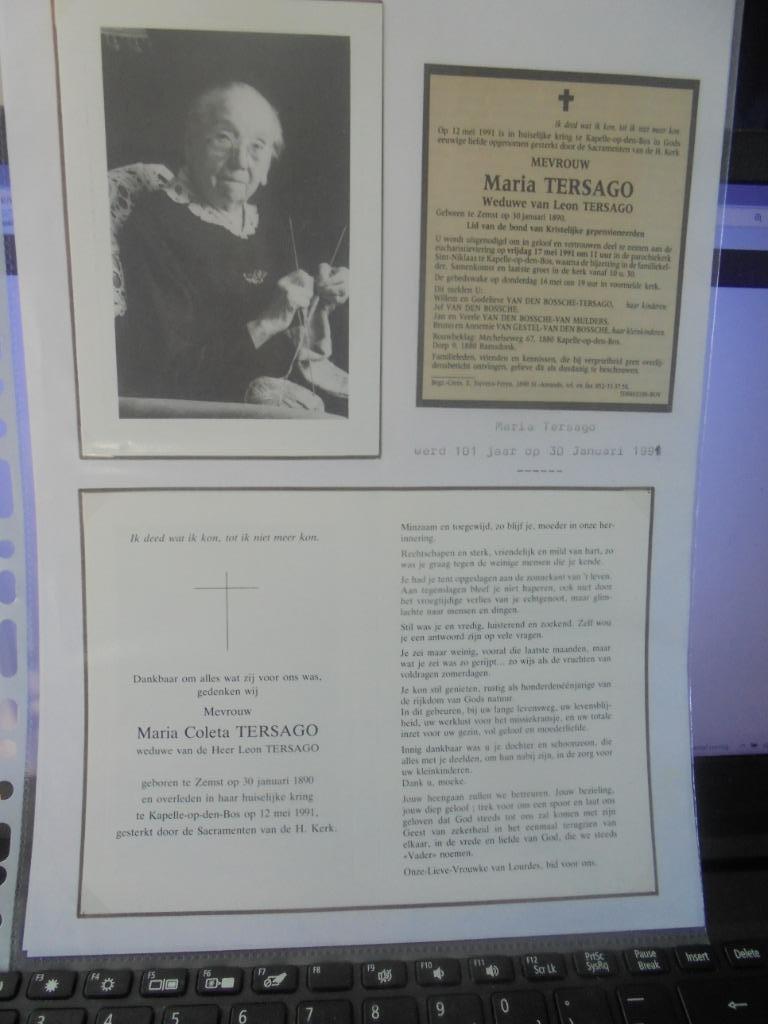 dp 101 jarige - Maria Tersago, Ophalen of Verzenden, Bidprentje