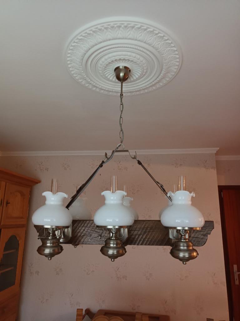 Lustre poutre en chêne, support étain, 6 globes en opaline s, Enlèvement, Comme neuf