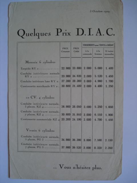 Renault DIAC Monasix KZ Vivasix 1939 Brochure Catalogue Pros, Envoi, Neuf, Renault