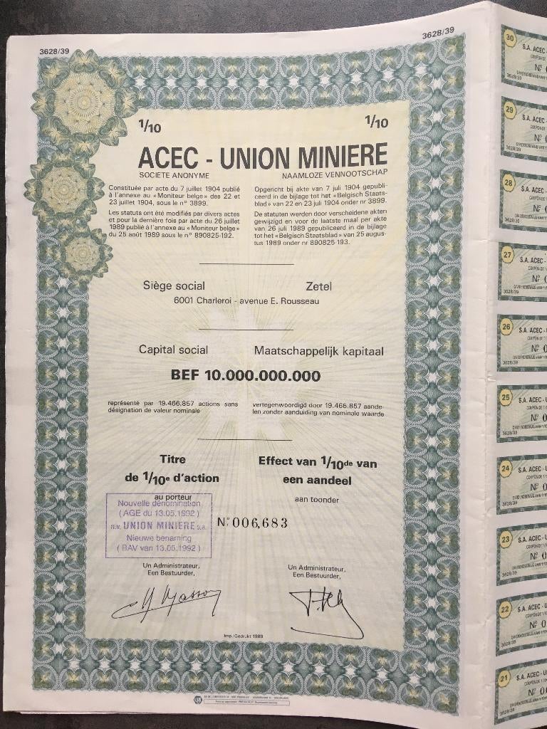 Actions ACES - UNION MINIERE, Ophalen of Verzenden, Aandeel