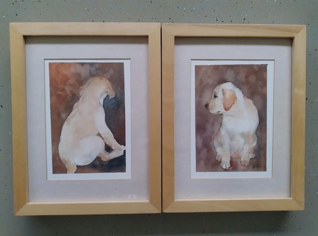 Mooi setje aquarellen van een hond - voor - en achterzijde, Ophalen of Verzenden