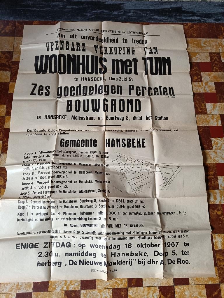 oude verkoopaffiche 1967 Hansbeke, Ophalen of Verzenden