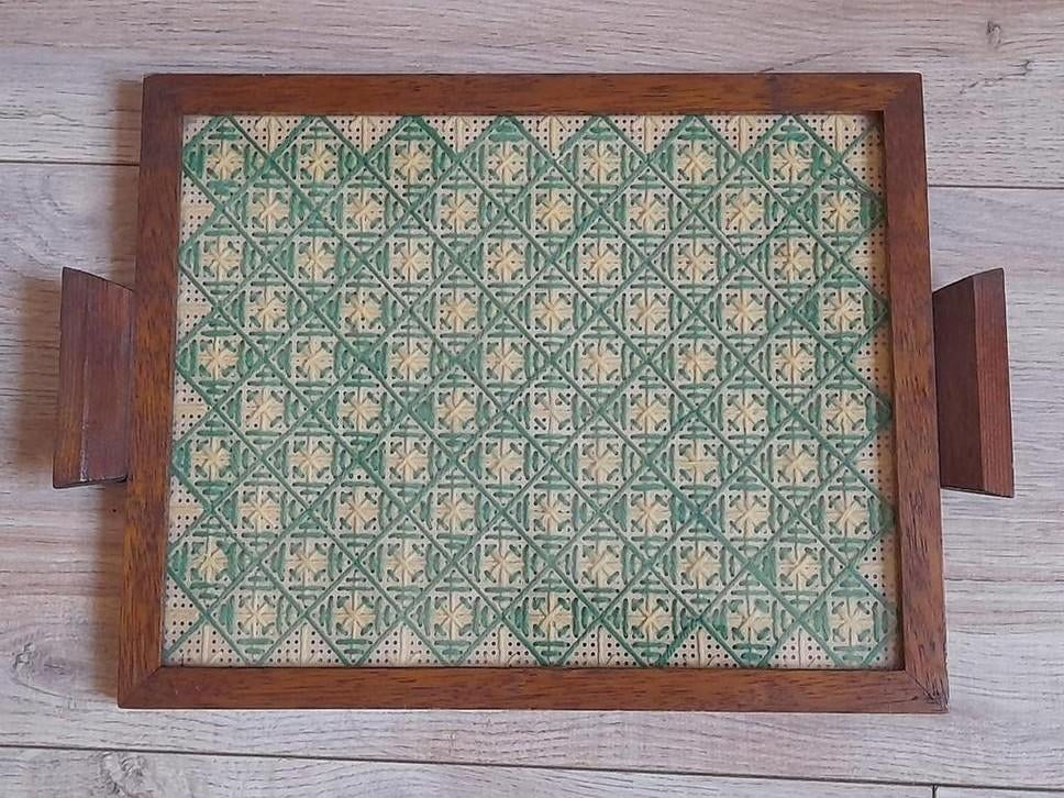 Plateau encadrement bois verni avec vitre décor géométrique, Enlèvement ou Envoi
