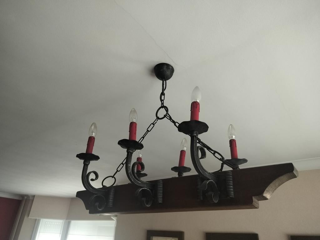 Rustiek/landelijke hanglamp met 6 lichtpunten, Huis en Inrichting, Lampen | Kroonluchters, Ophalen, Hout