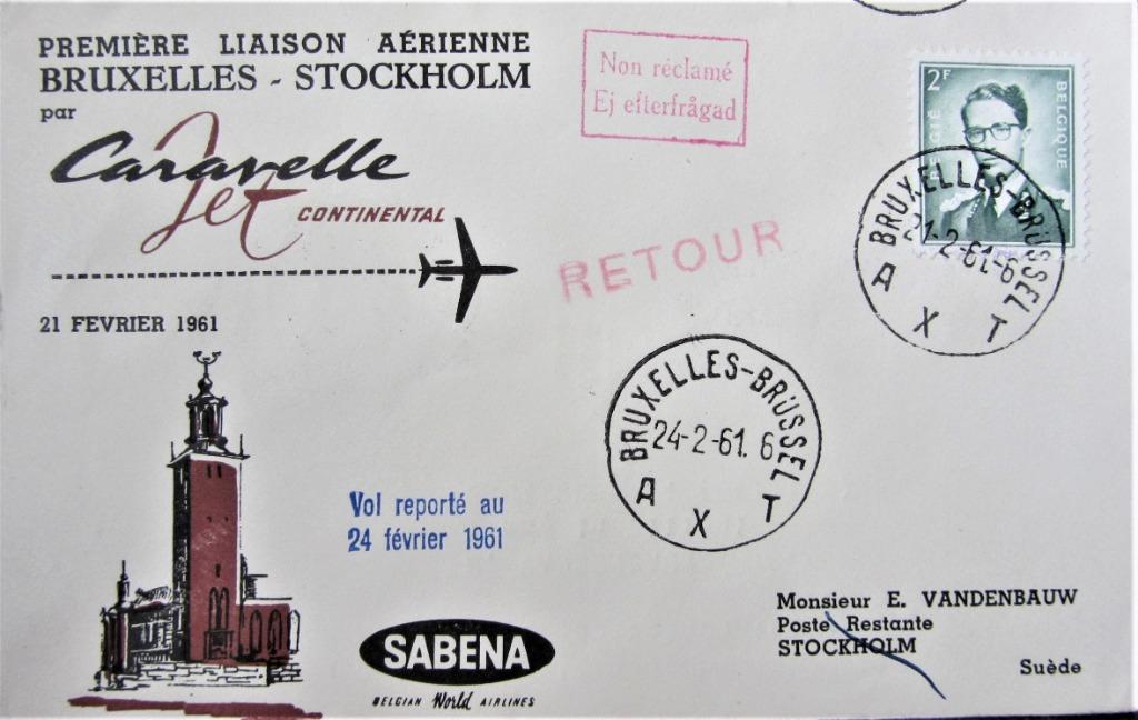 FDC SABENA- BRUSSEL- STOCKHOLM 1961, Enlèvement ou Envoi, Affranchi, Avions