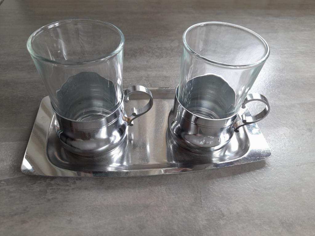 2 inox theeglazen met dienblad in inox, Huis en Inrichting, Ophalen of Verzenden, Zo goed als nieuw, Glas