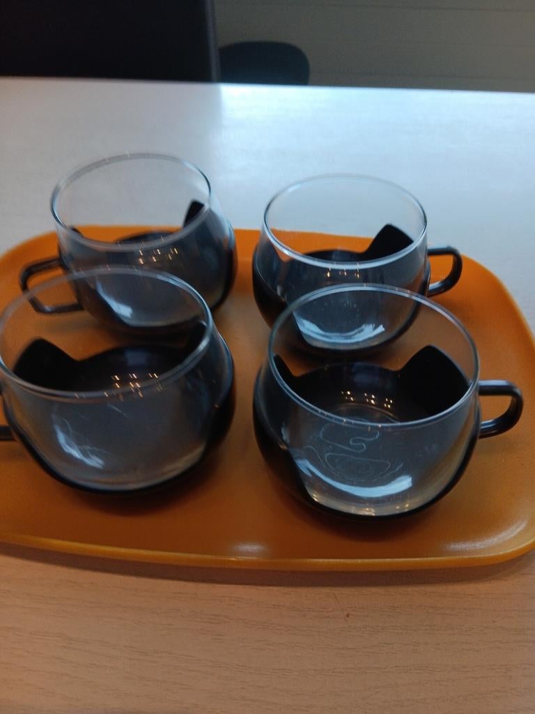 Vintage 4 glazen tasjes met houdertje, Enlèvement ou Envoi, Comme neuf