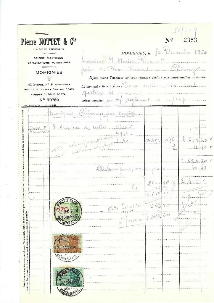 Ancienne facture 1950, Enlèvement ou Envoi, Utilisé