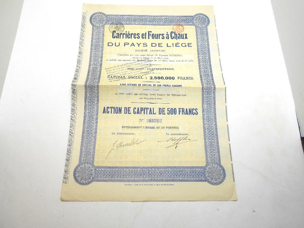 action Carrières et fours à chaux du Pays de Liège  1924, Enlèvement ou Envoi, 1920 à 1950, Action