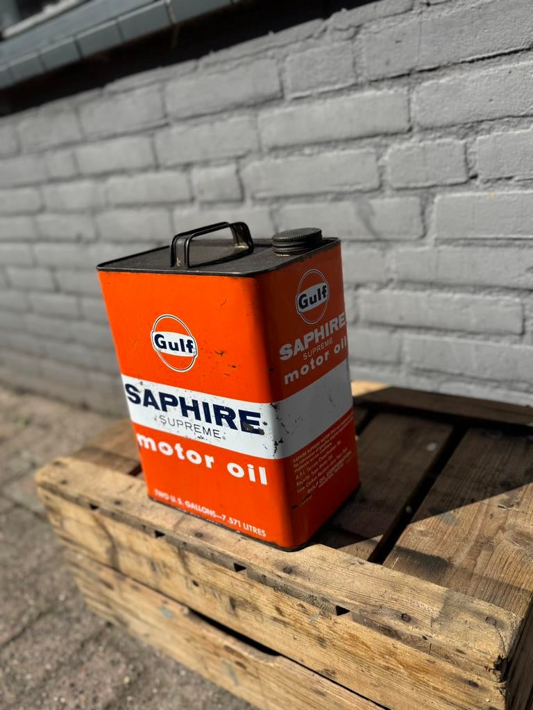 Gulf Saphire oud olie blik motor oil, Ophalen of Verzenden, Gebruikt, Verpakking