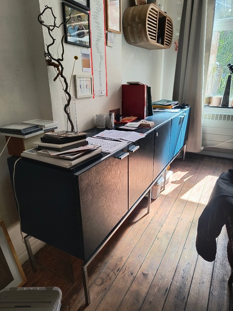 Vintage Mid-Century XL dressoir in petrolblauw, Huis en Inrichting, Kasten | Dressoirs, Gebruikt, 200 cm of meer, 25 tot 50 cm