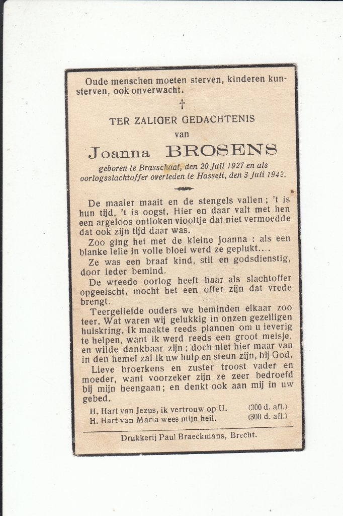 Slachtoffer WO II - Brasschaat - gevallen Hasselt 1942, Verzamelen, Bidprentjes en Rouwkaarten, Verzenden, Bidprentje