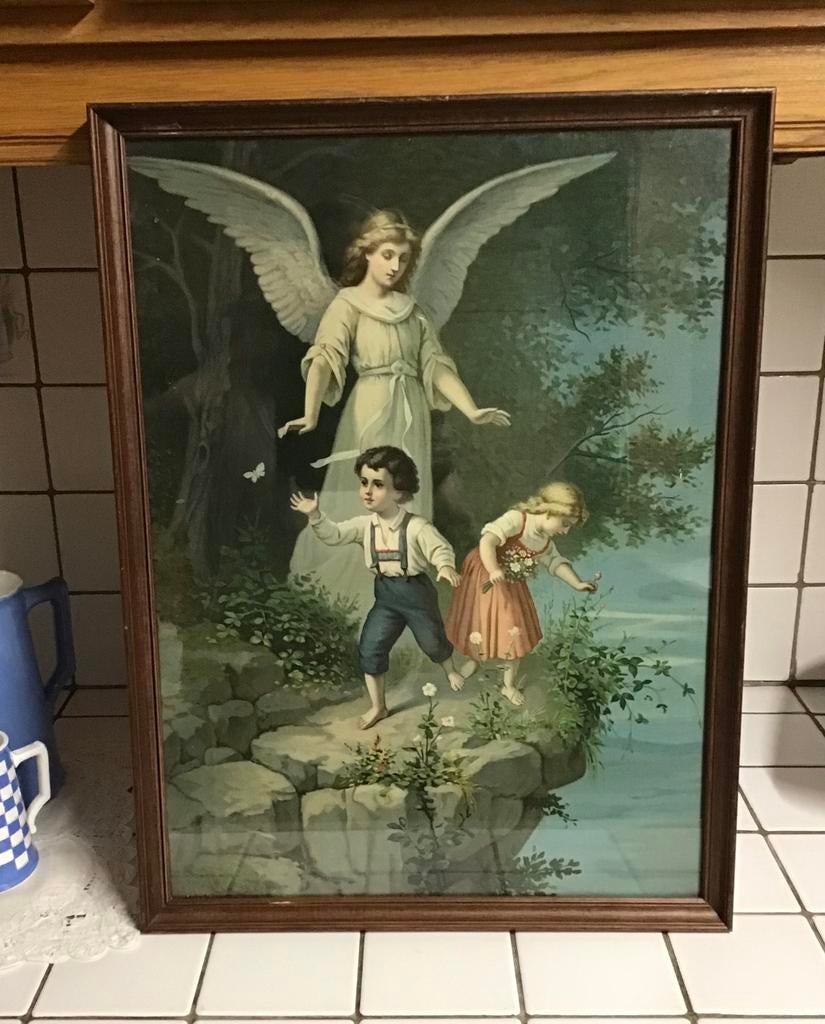 Prachtige prent engelbewaarder ingelijst achter glas, Ophalen of Verzenden