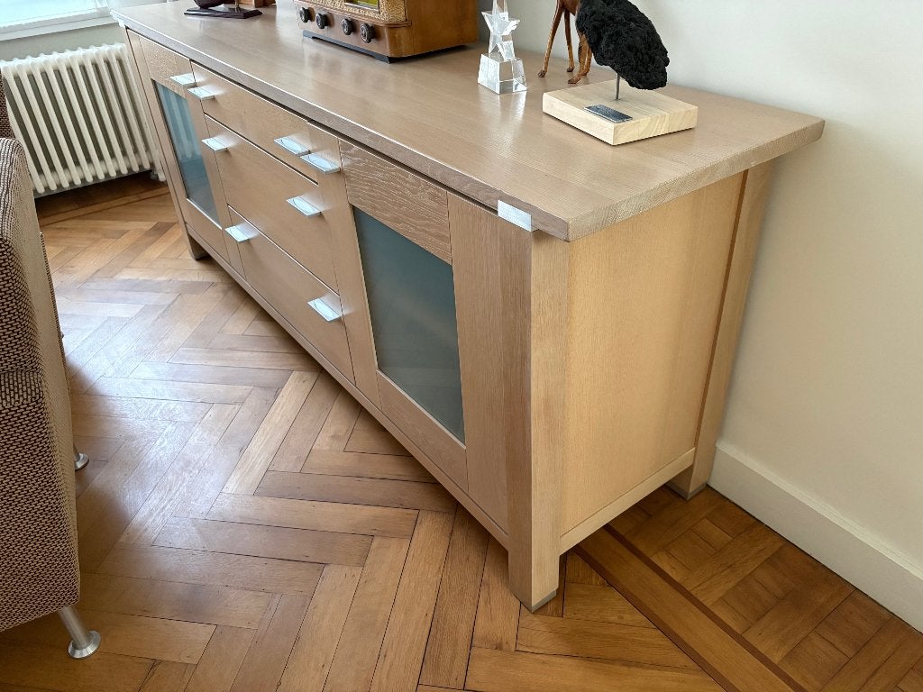 Dressoir + Eettafel + 6 Stoelen - wit eik/leder, MODERN, 150 à 200 cm, Cinq personnes ou plus, Enlèvement