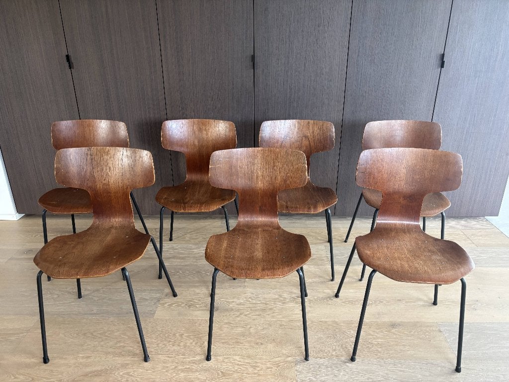 Set 7 originele Fritz Hansen Hammer Chairs – Arne Jacobsen, Vintage, Brun, Enlèvement, Bois