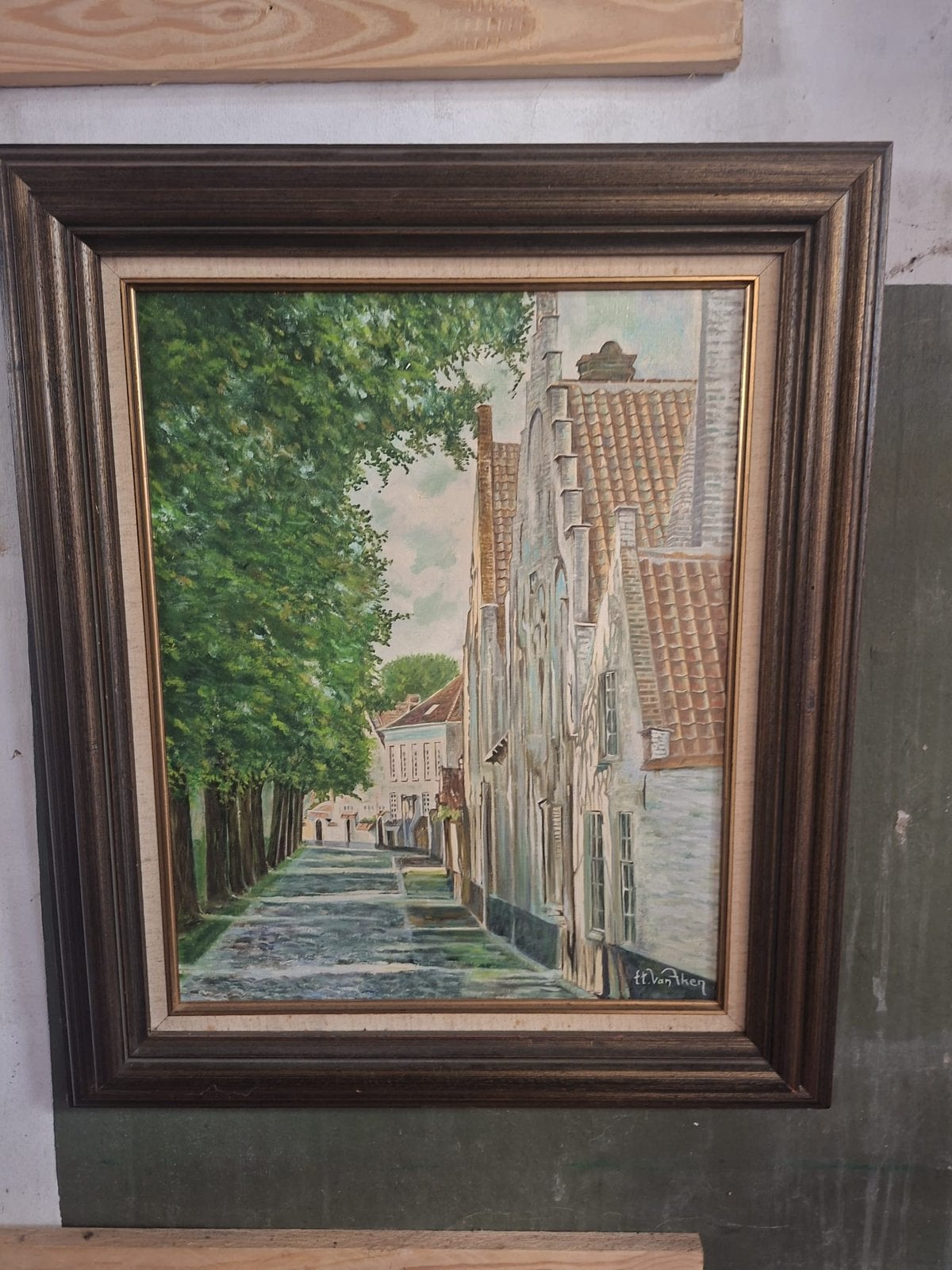 Schilderij Begijnhof Brugge, Enlèvement, Signé, Paysage urbain / rural