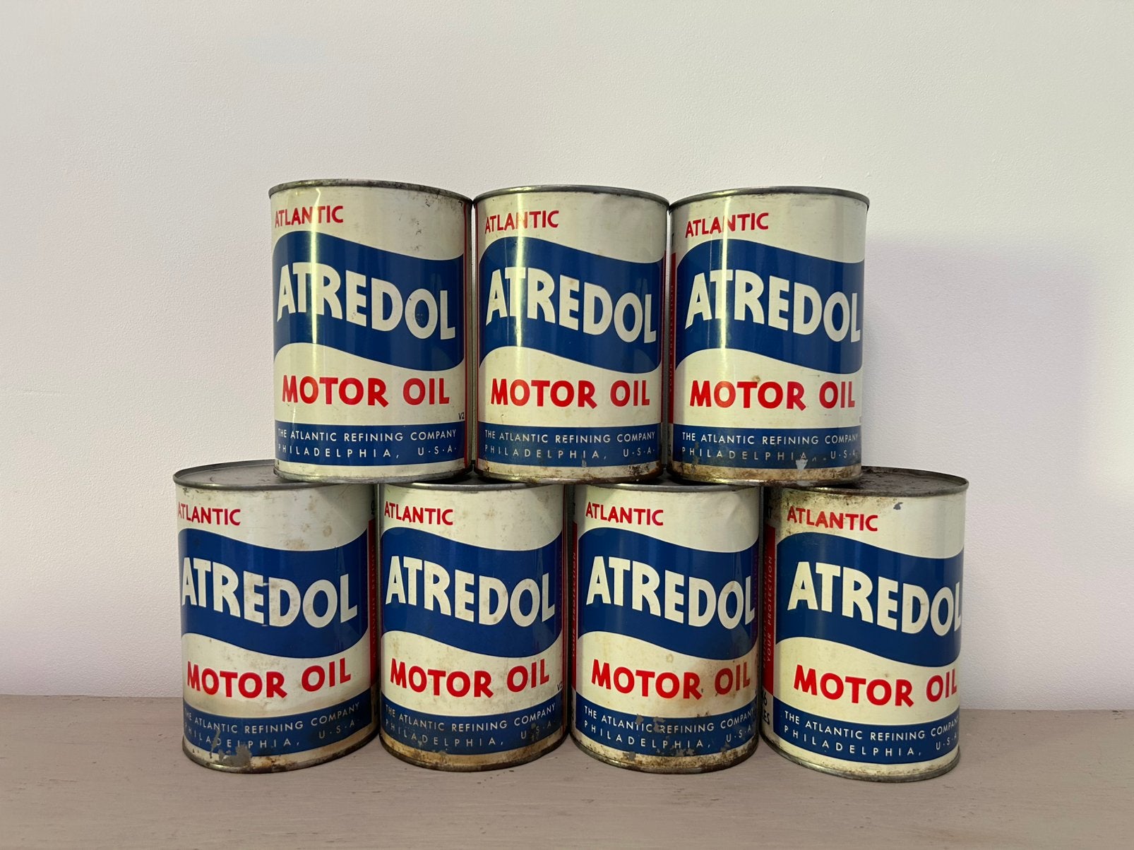 Set van 7 blikjes Amerikaanse olieblikolie Atredol-oliën, Ophalen of Verzenden