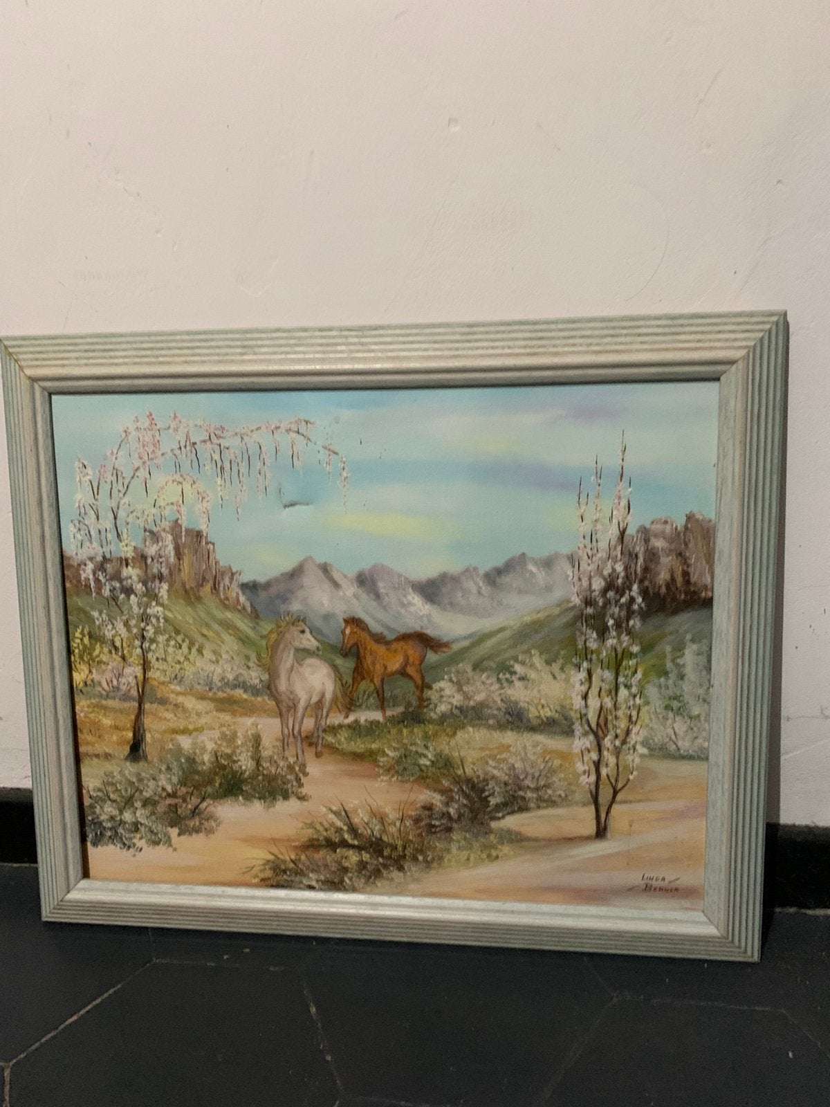 Tableau Peinture sur Toile Chevaux en Montagne 57x47 cm, Antiquités & Art, Enlèvement ou Envoi, Paysage, Signé, Toile