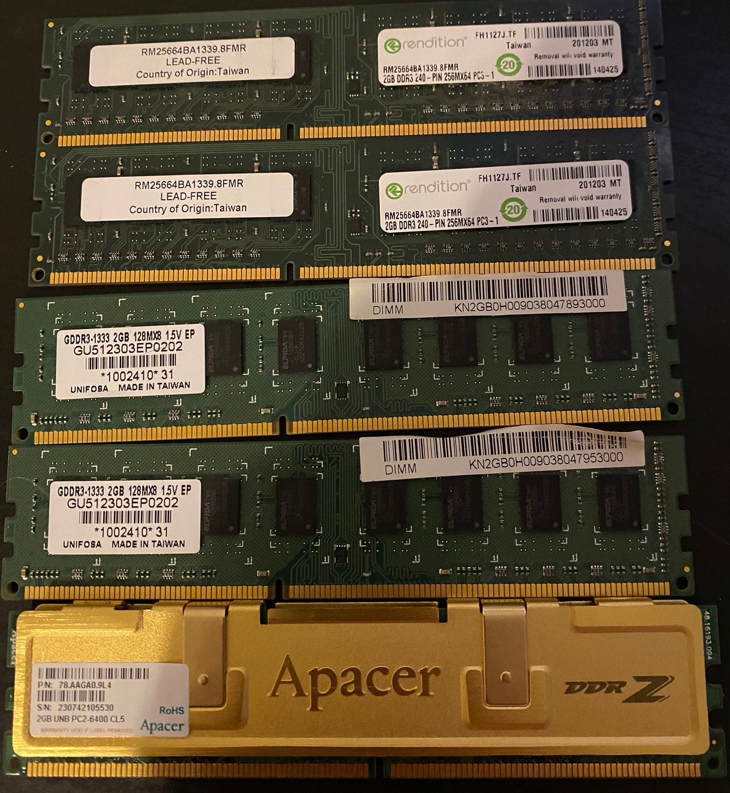 Lot RAM 10 Go – 4 DDR3 1333 MHz + 1 DDR2 800 MHz, Gebruikt, Verzenden, DDR2, 2 GB