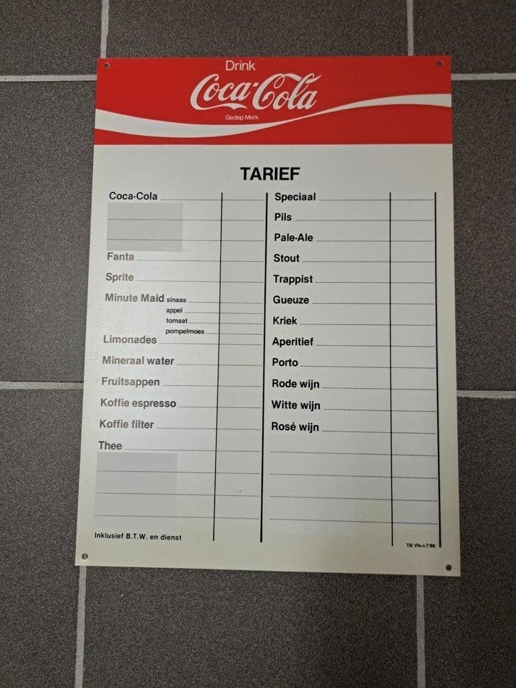 Originele vintage Coca Cola prijslijst, Enlèvement ou Envoi