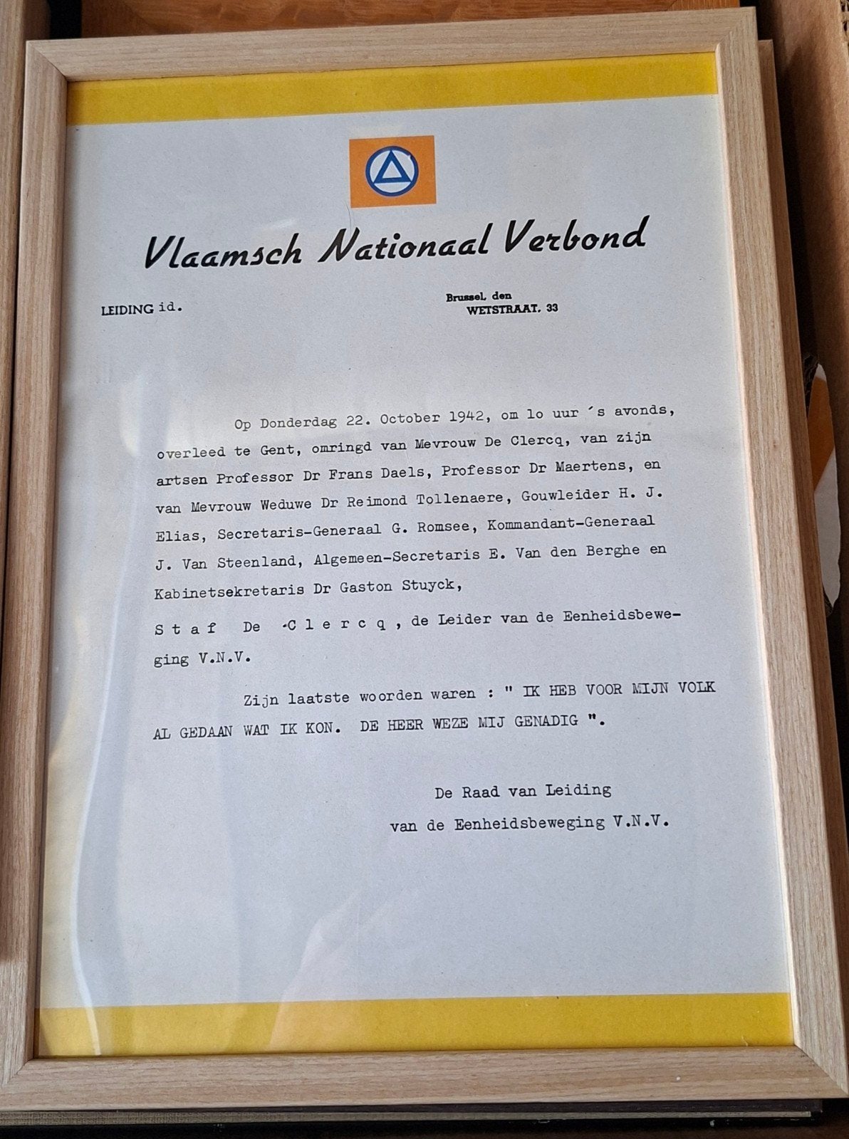 Lettre VNV du décès Staf  de Clercq collaboration  1942, Enlèvement ou Envoi