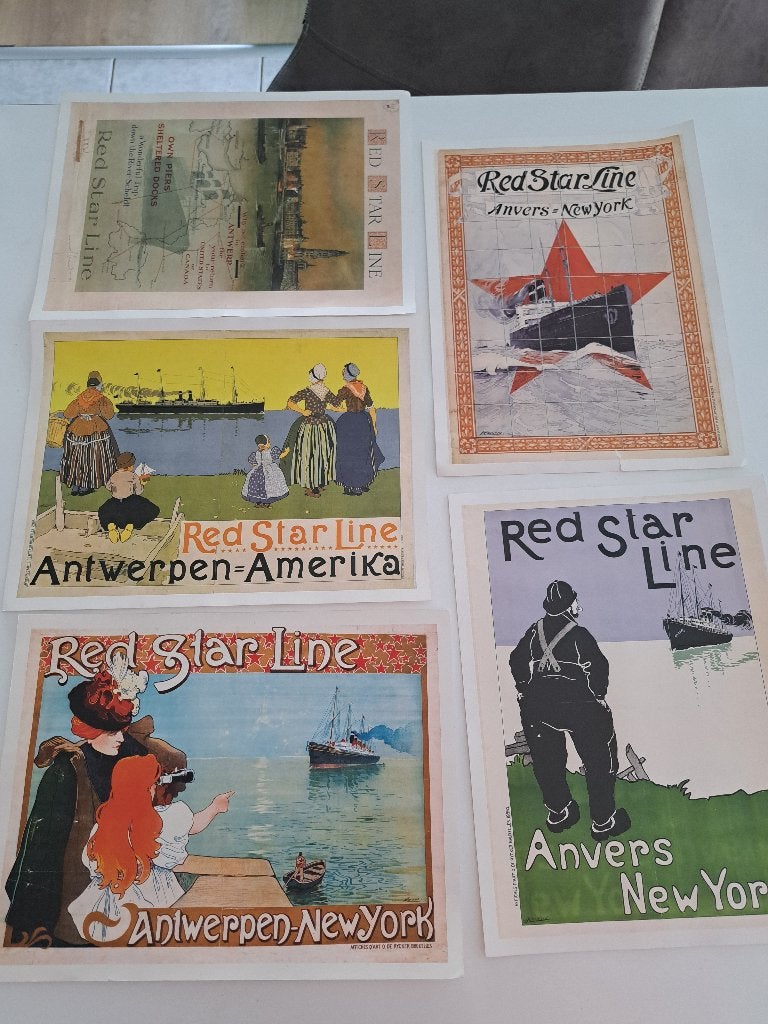 Retro affiches Red Star Line, Ophalen, Gebruikt, Motorboot of Zeilboot, Kaart, Foto of Prent
