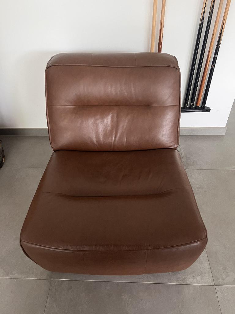 Bruine leren fauteuil en bergère, Ophalen, Gebruikt, 125 tot 150 cm, Club