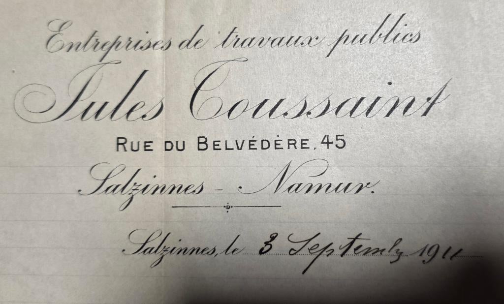 1911+Salzinnes+Namen+Jules Toussaint+handtekeningbrief, Verzamelen, Postkaarten | België, Ongelopen, Namen, Voor 1920, Ophalen of Verzenden